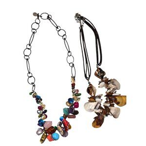 2 Necklace Lot: 1 ABRA Beaded Necklaces W/ Glass & Stones & 1 Shell Necklace